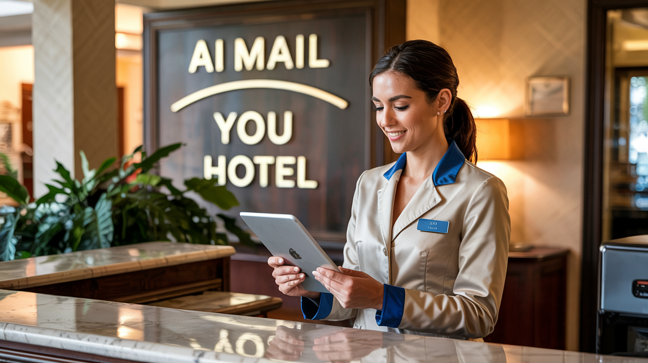 Receptionist sorridente che usa un tablet